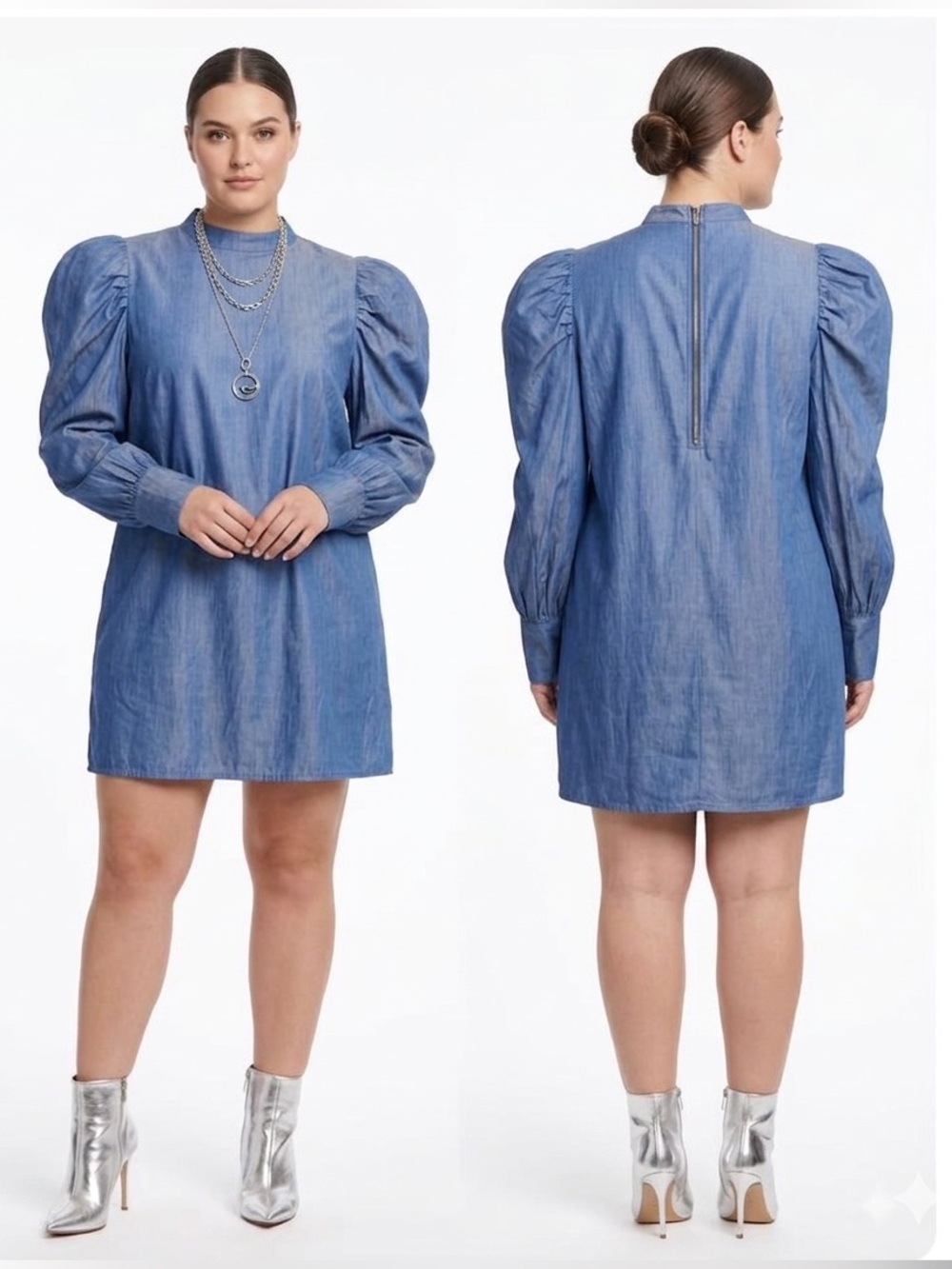 NEW Plus Size Puff-Sleeve Chambray Mini Dress - Blue